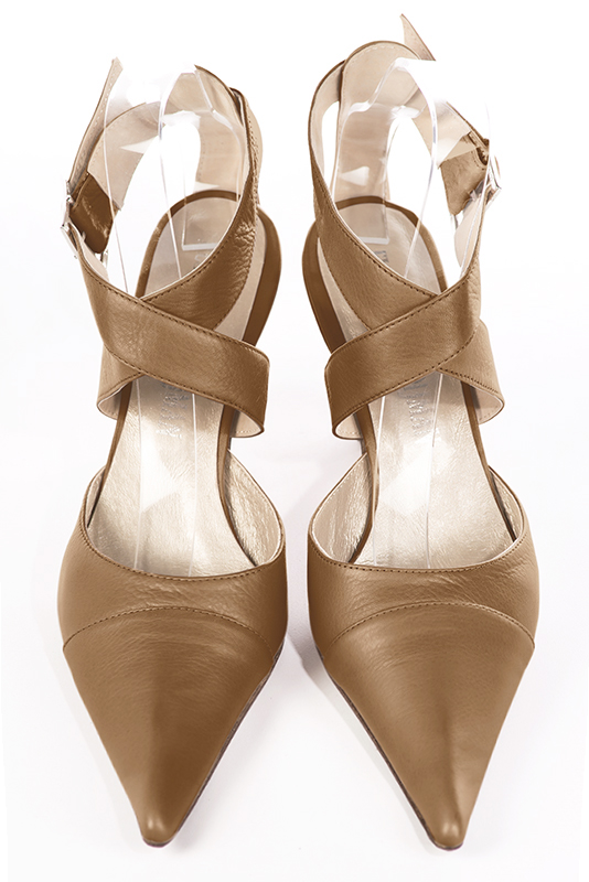 Camel beige women's open back shoes, with crossed straps. Pointed toe. High spool heels. Top view - Florence KOOIJMAN
